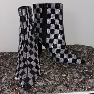 Checkered Black and Silver Women's Ankle Boots